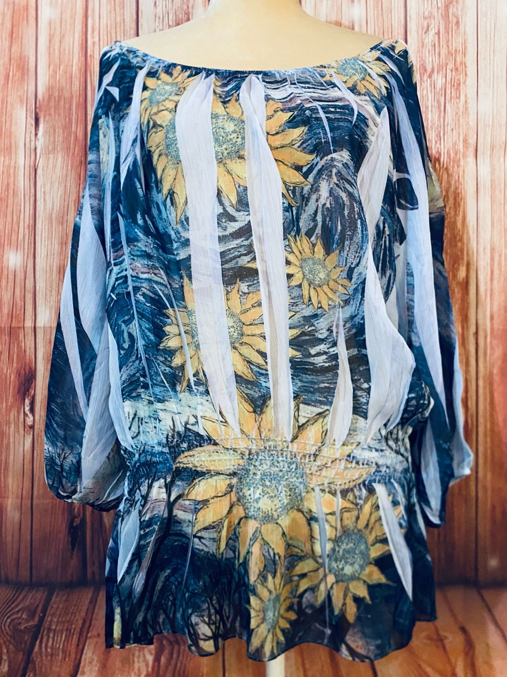 Women’s XL Blouse Armore Couture Off Shoulder 3/4 Sleeves Floral Sheer Silky